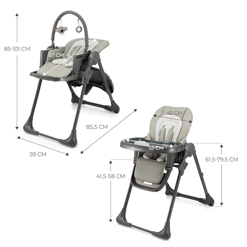 Kinderkraft TUMMIE Trona Bebé 2 en 1, Reclinable, con Juguetes y Reposapiés, Ajustable, Gris