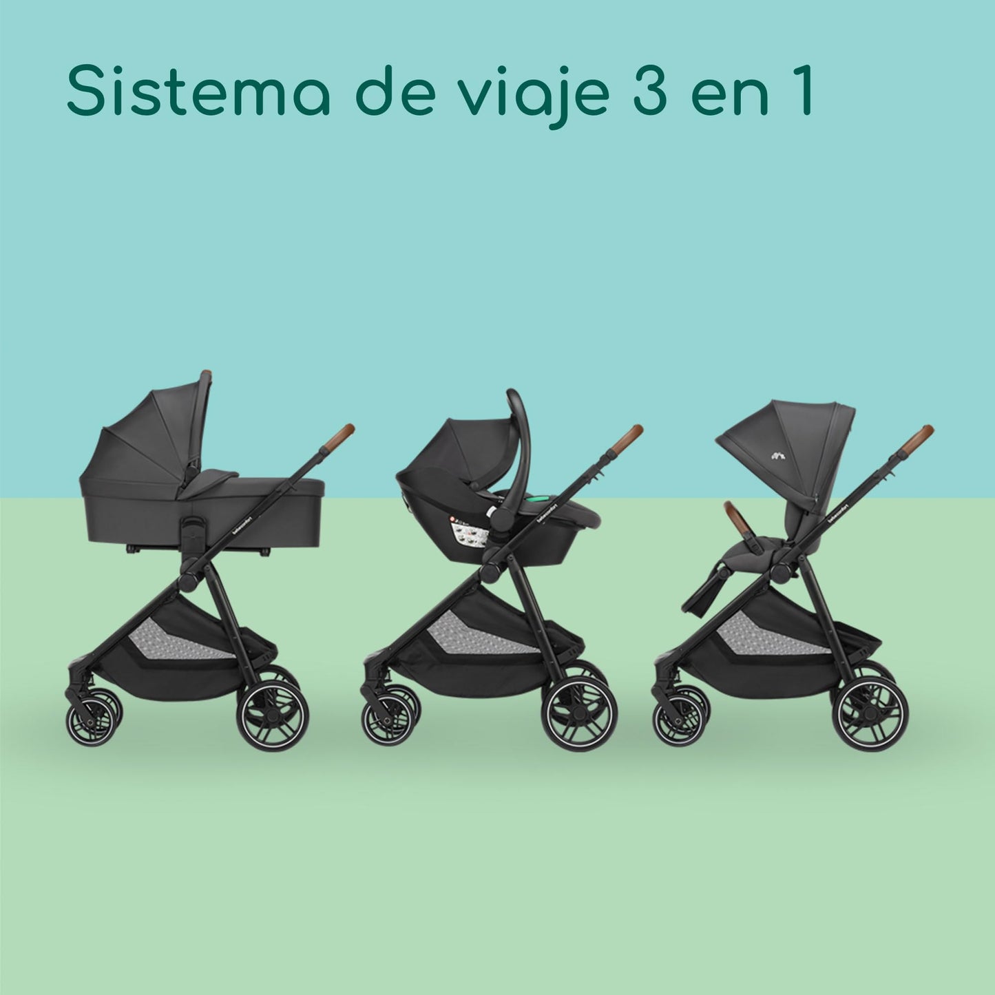 Bebeconfort Luvia Trio Carrito 3 en 1, con Cochecito, Silla de Coche y Capazo, con Cierre Inteligente, Manillar Ajustable, Absorción de Impactos, Mineral Graphite