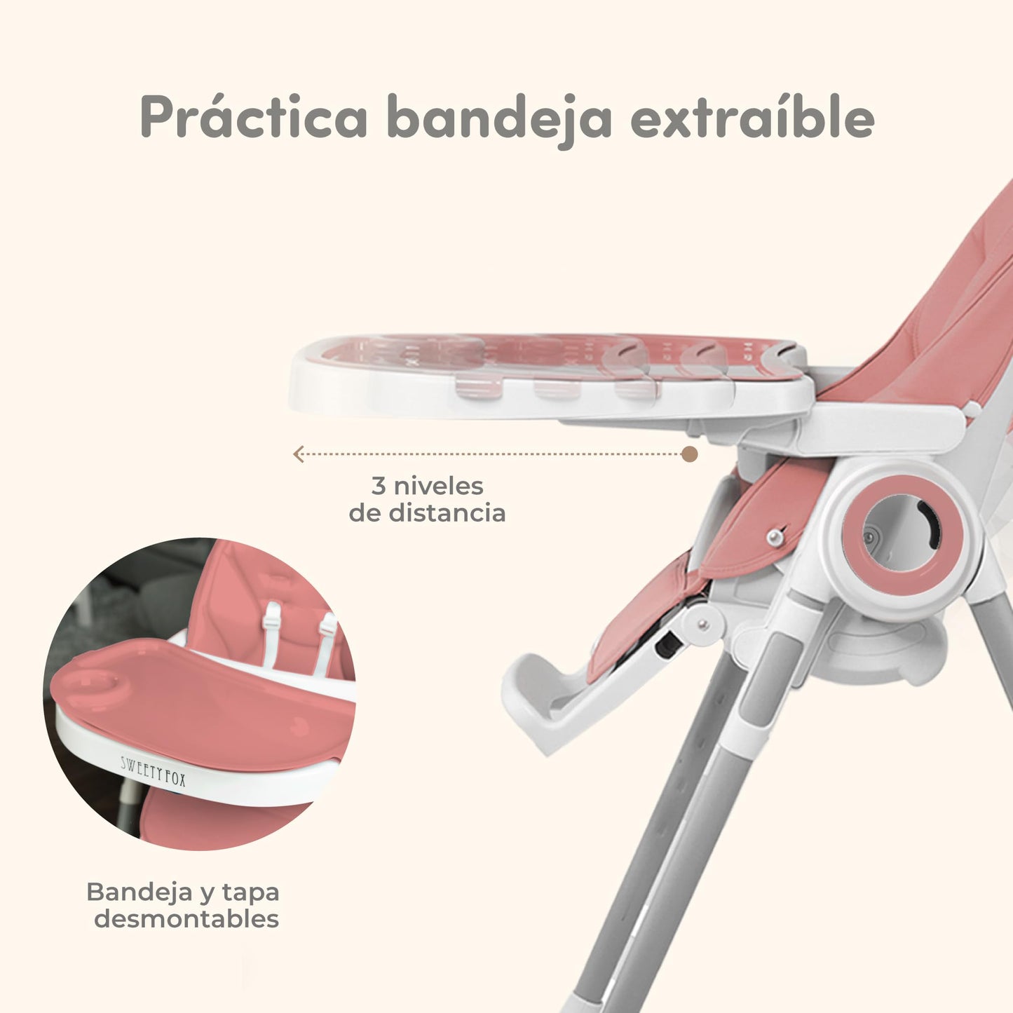Sweety Fox Trona Bebé Evolutiva, Reclinable 5 Posiciones, 7 Alturas, Portátil, Rosa