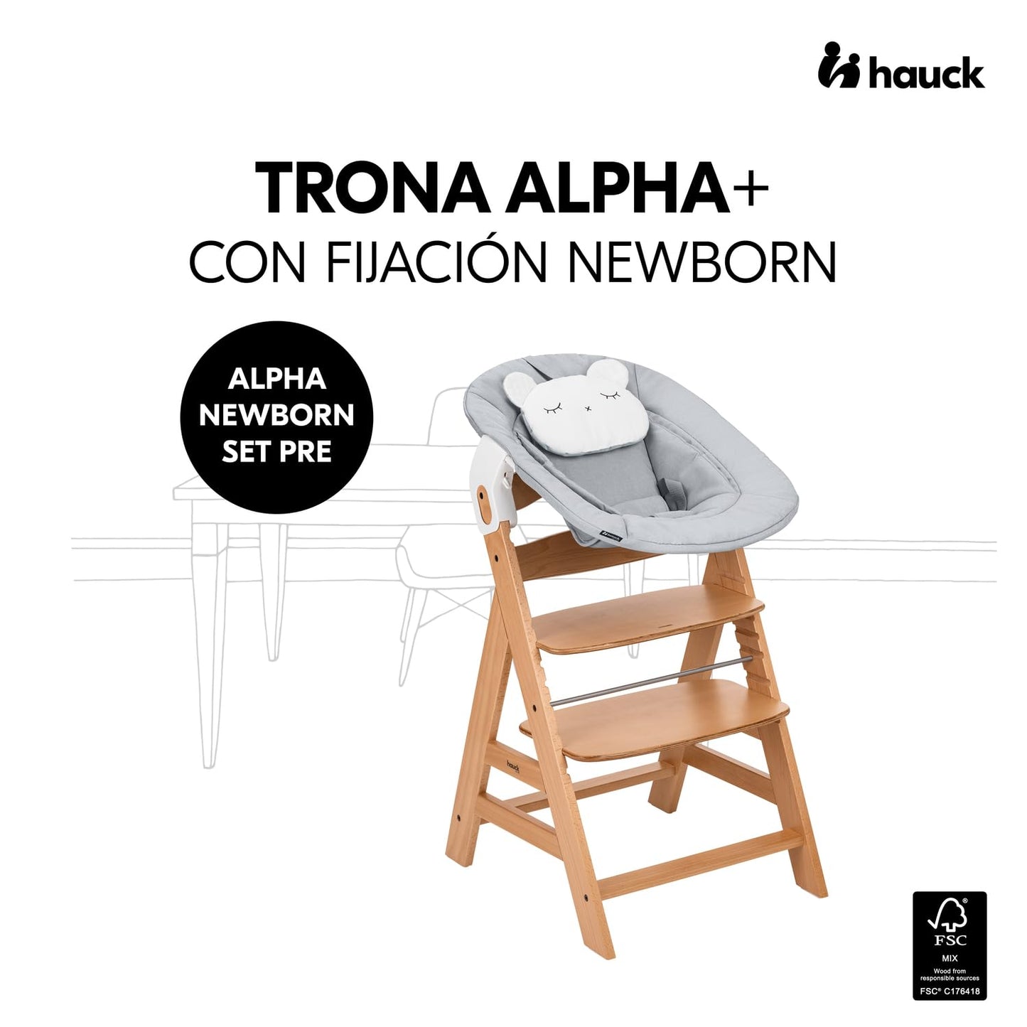 hauck Alpha Trona Evolutiva de Madera, con Hamaca Newborn, desde el Nacimiento, Altura Regulable, Natural