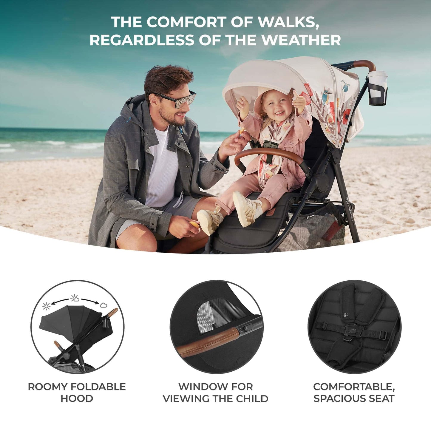 Kinderkraft GRANDE PLUS Silla de Paseo Ligera, Plegado con 1 Mano, Reclinación Total y Suspensión en Ruedas, desde Nacimiento hasta 22 kg, Negro