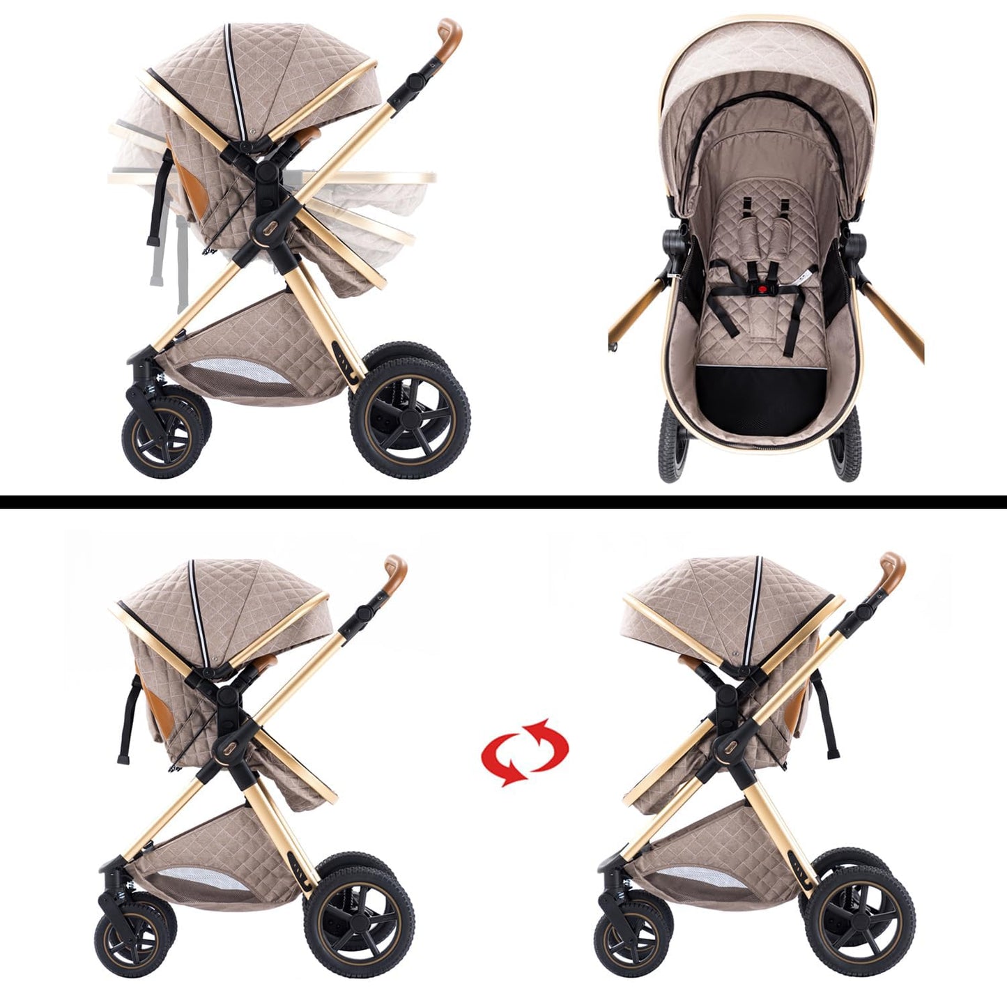BEBBY Cochecito de bebé 3 en 1,Carrito Bebe 3 en 1 Con Asiento, Cochecitos Portátil Plegable Con Un Clic, Carricoche Combinado Paisaje Alto Marco de Aluminio Para Recién Nacido (Rice white, H2)