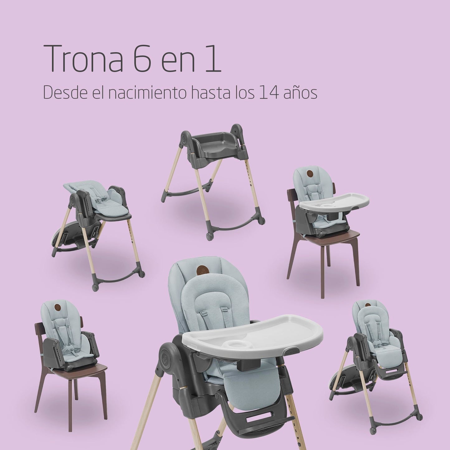 Maxi-Cosi Minla Trona Evolutiva 6 en 1, con 9 Alturas y 5 Reclinaciones, Plegado Compacto, de 0 a 14 Años, Eco Care, Beyond Grey