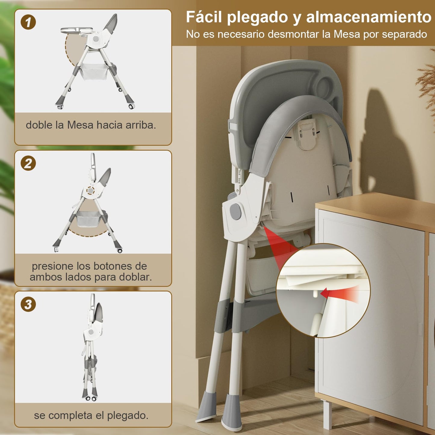 LINELUCK Trona Bebé Evolutiva Reclinable y Plegable, con Bandeja y Ruedas, de 6 Meses a 6 Años