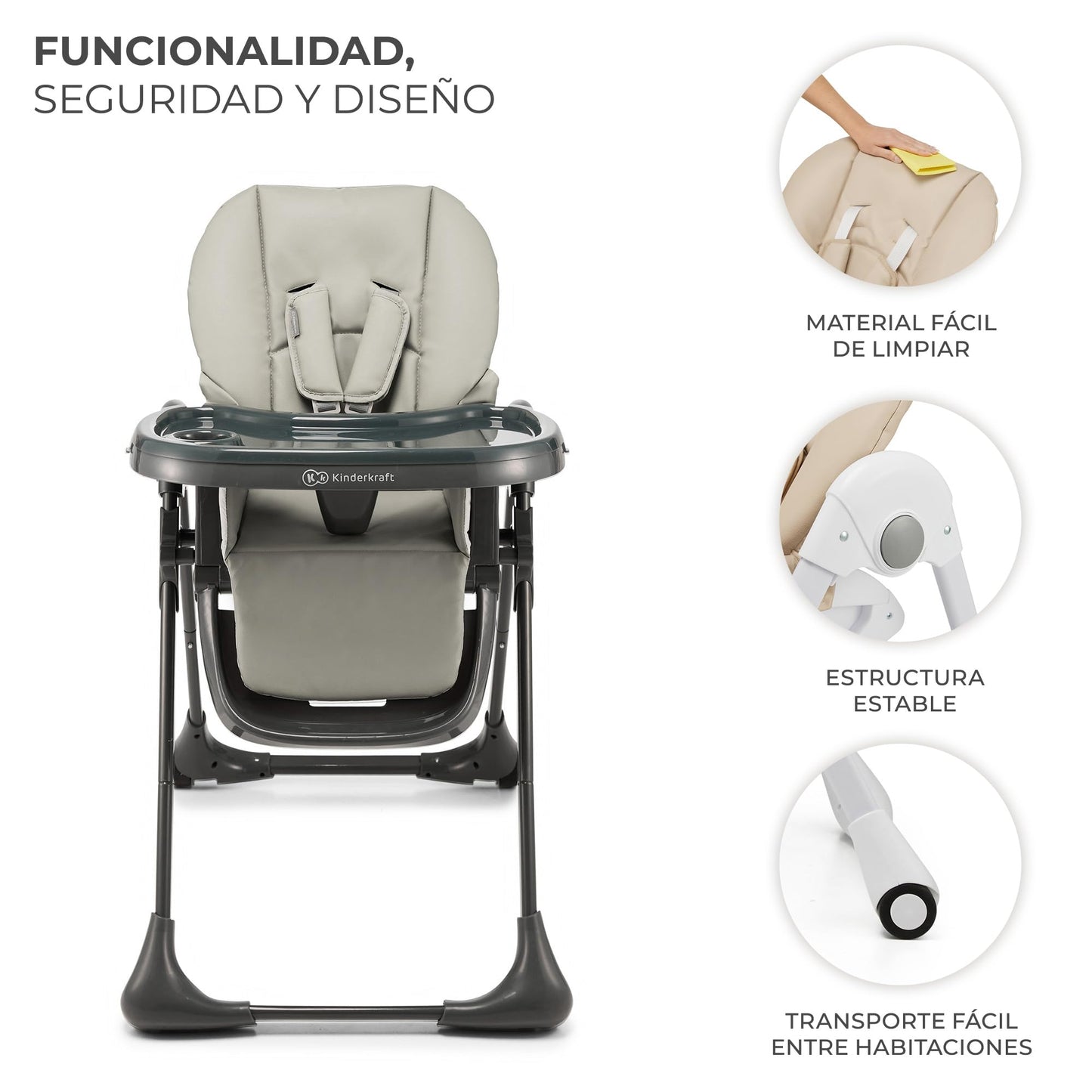 Kinderkraft TUMMIE Trona Bebé 2 en 1, Reclinable, con Juguetes y Reposapiés, Ajustable, Gris