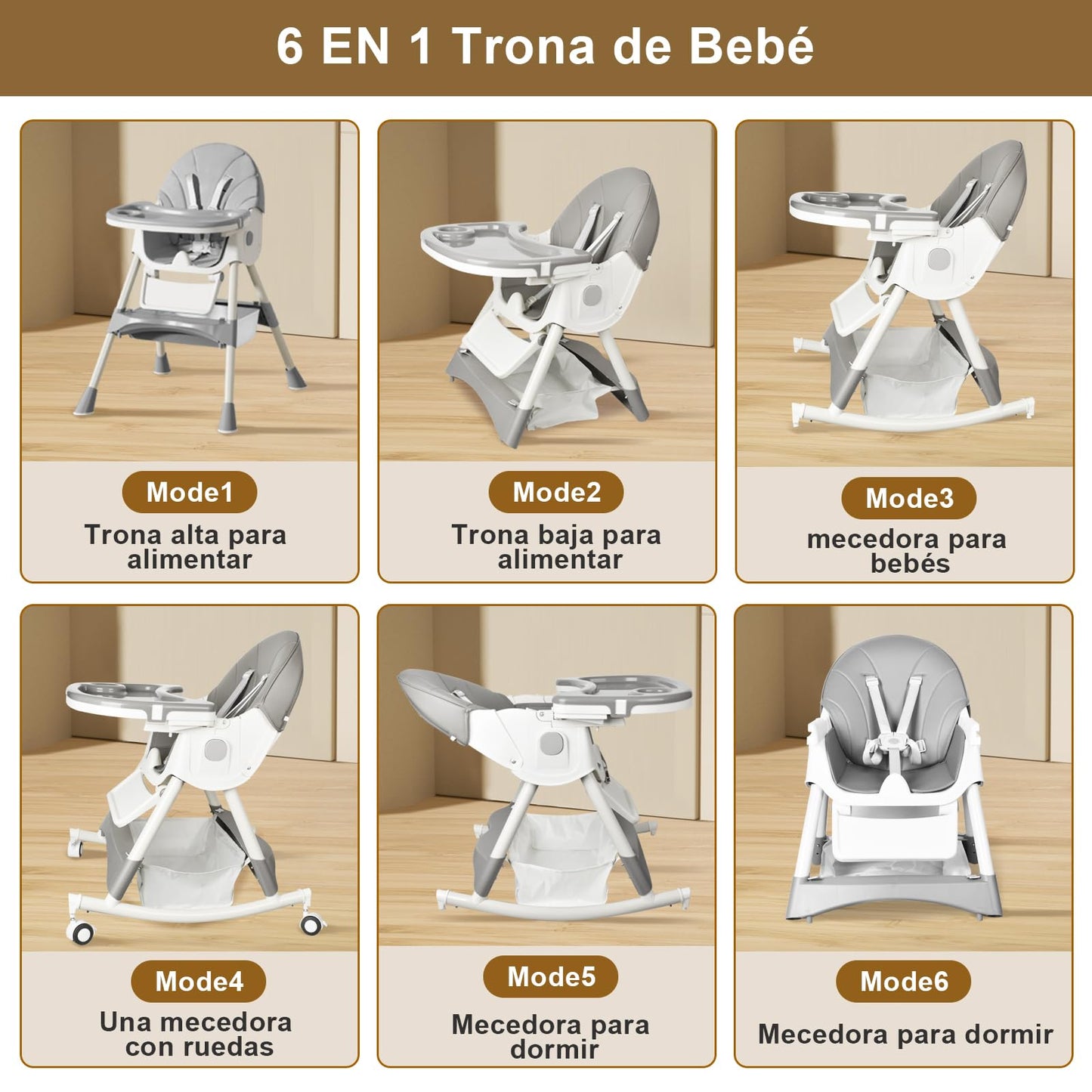 LINELUCK Trona Bebé Evolutiva Reclinable y Plegable, con Bandeja y Ruedas, de 6 Meses a 6 Años