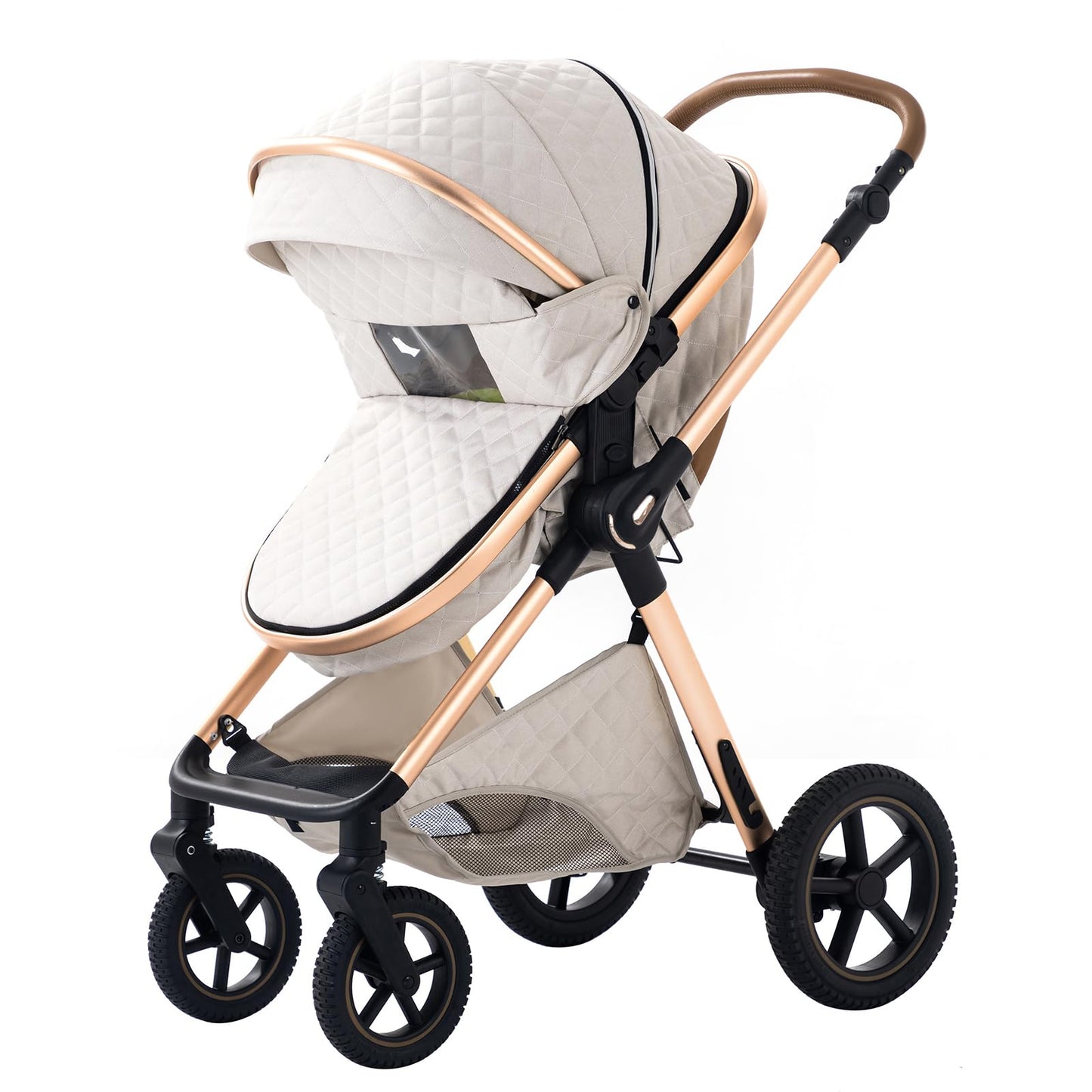 BEBBY Cochecito de bebé 3 en 1,Carrito Bebe 3 en 1 Con Asiento, Cochecitos Portátil Plegable Con Un Clic, Carricoche Combinado Paisaje Alto Marco de Aluminio Para Recién Nacido (Rice white, H2)