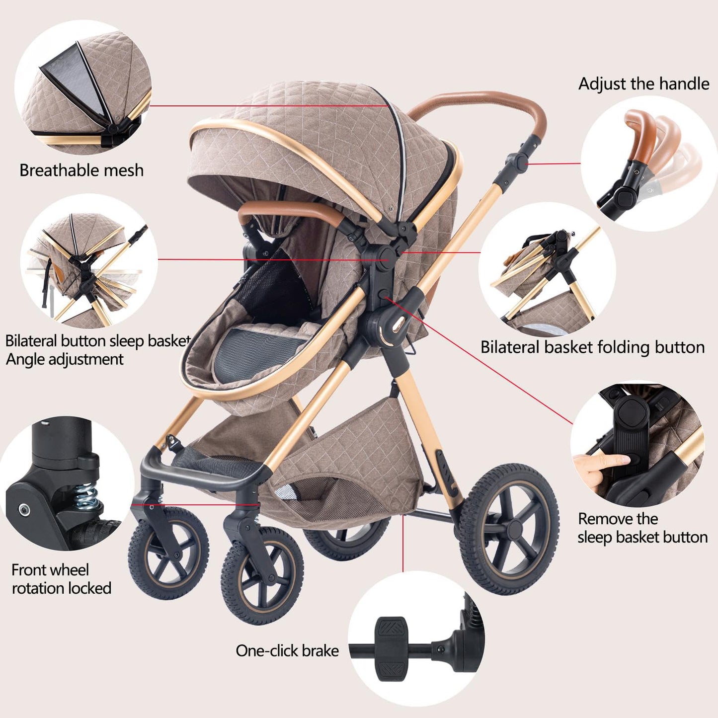 BEBBY Cochecito de bebé 3 en 1,Carrito Bebe 3 en 1 Con Asiento, Cochecitos Portátil Plegable Con Un Clic, Carricoche Combinado Paisaje Alto Marco de Aluminio Para Recién Nacido (Rice white, H2)