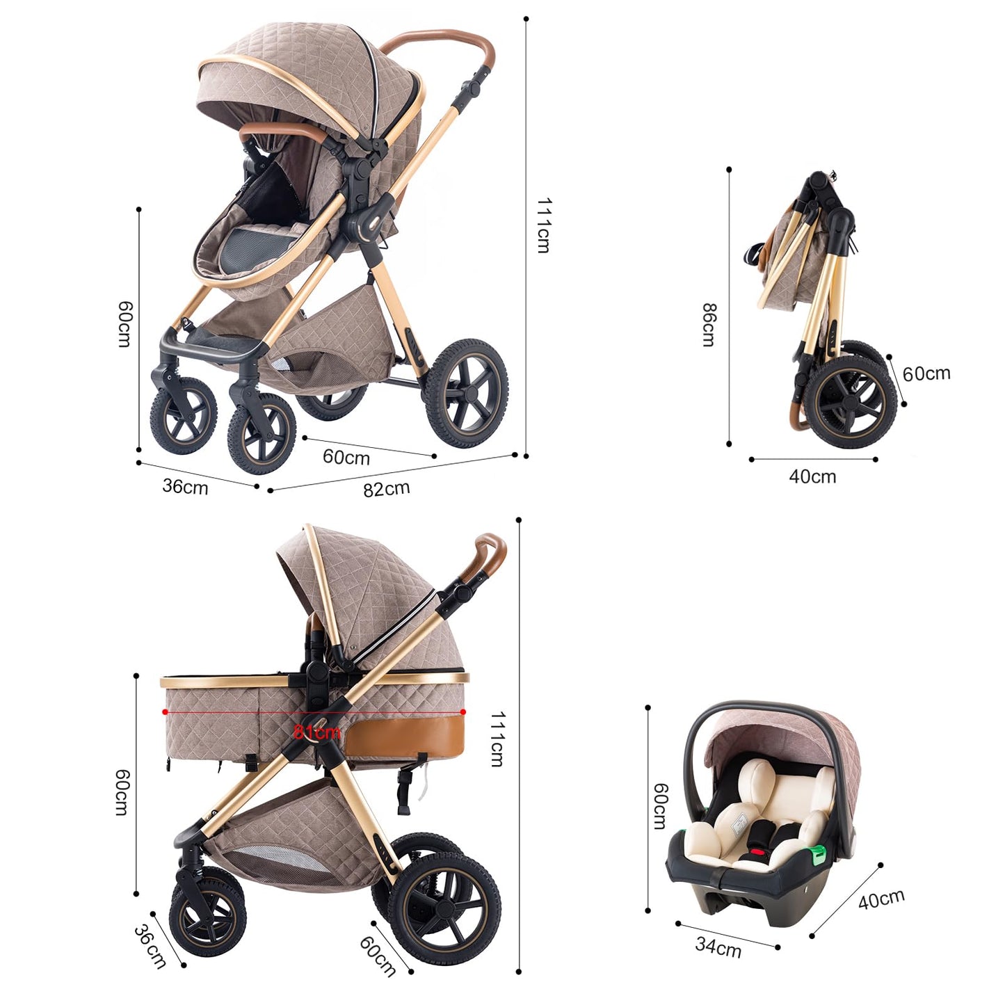 BEBBY Cochecito de bebé 3 en 1,Carrito Bebe 3 en 1 Con Asiento, Cochecitos Portátil Plegable Con Un Clic, Carricoche Combinado Paisaje Alto Marco de Aluminio Para Recién Nacido (Rice white, H2)