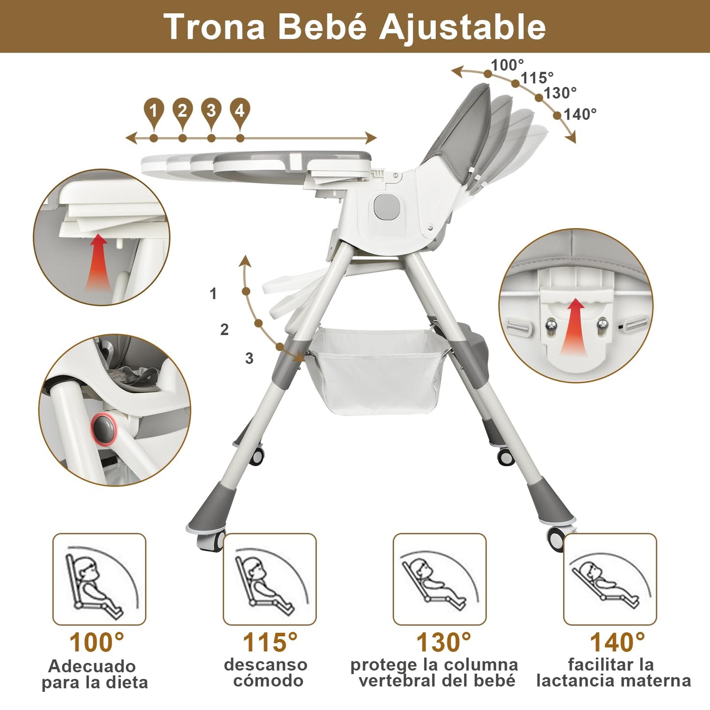 LINELUCK Trona Bebé Evolutiva Reclinable y Plegable, con Bandeja y Ruedas, de 6 Meses a 6 Años