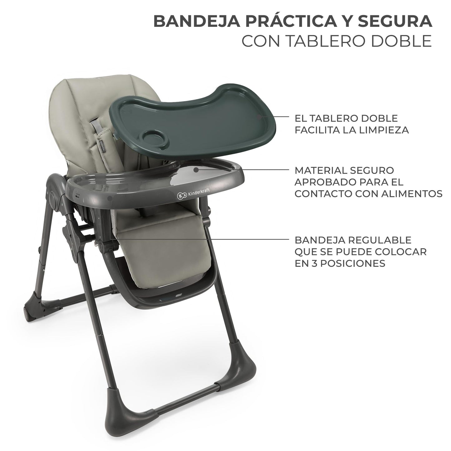 Kinderkraft TUMMIE Trona Bebé 2 en 1, Reclinable, con Juguetes y Reposapiés, Ajustable, Gris