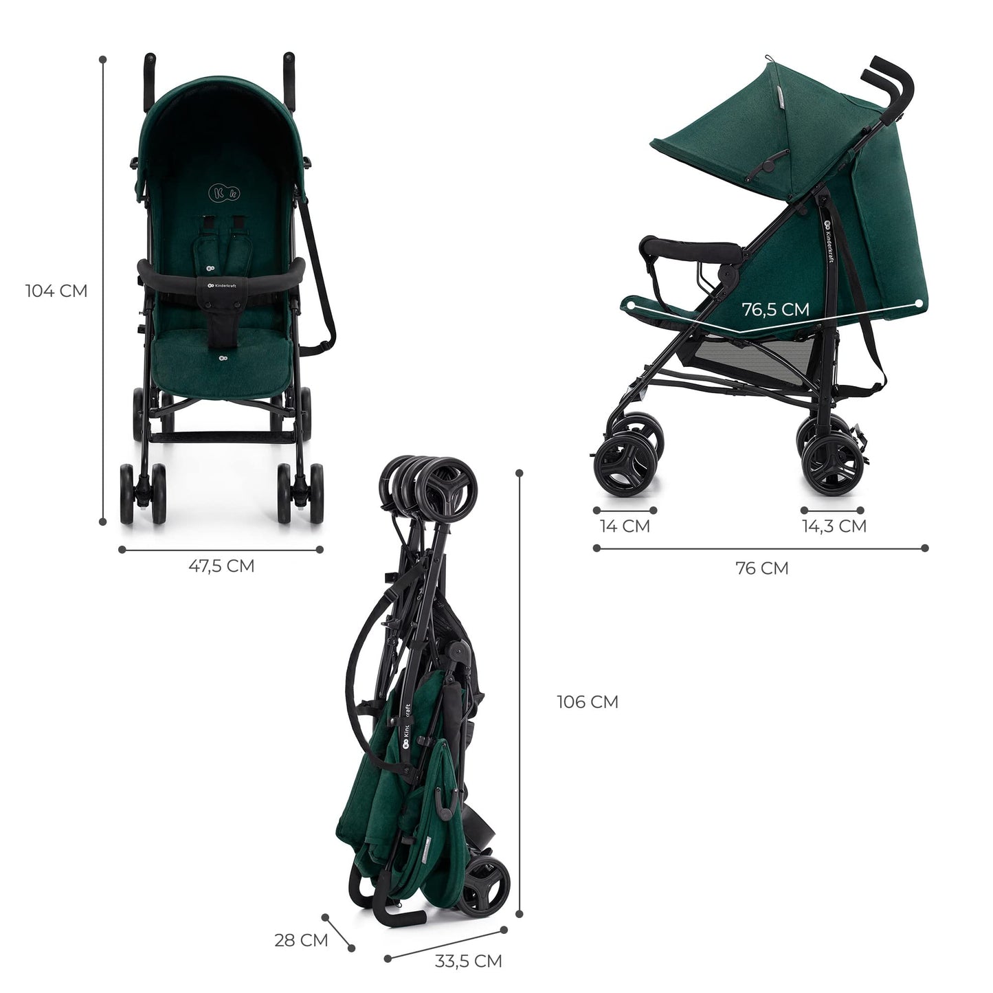 Kinderkraft TIK Silla de Paseo Ligera, Plegable (6,5 kg), con Reclinación Total y Tejido Impermeable, Verde