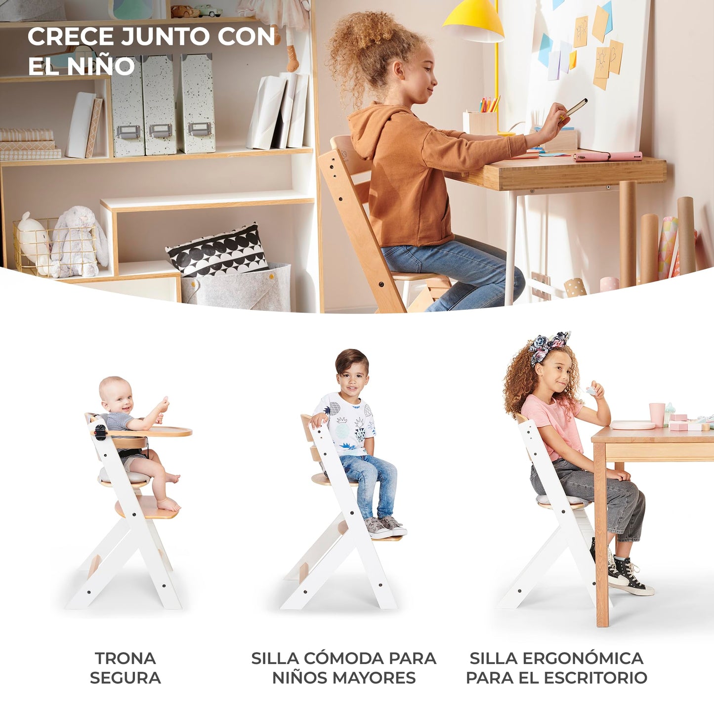 Kinderkraft ENOCK Trona Bebé Evolutiva de Madera, Portátil, Ergonómica, con Barrera y Bandeja