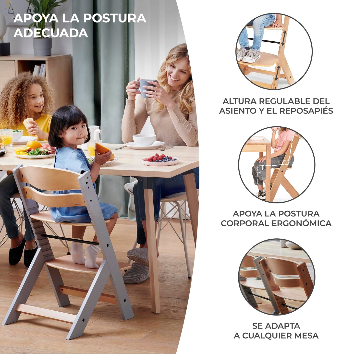 Kinderkraft ENOCK Trona Bebé Evolutiva de Madera, Portátil, Ergonómica, con Barrera y Bandeja