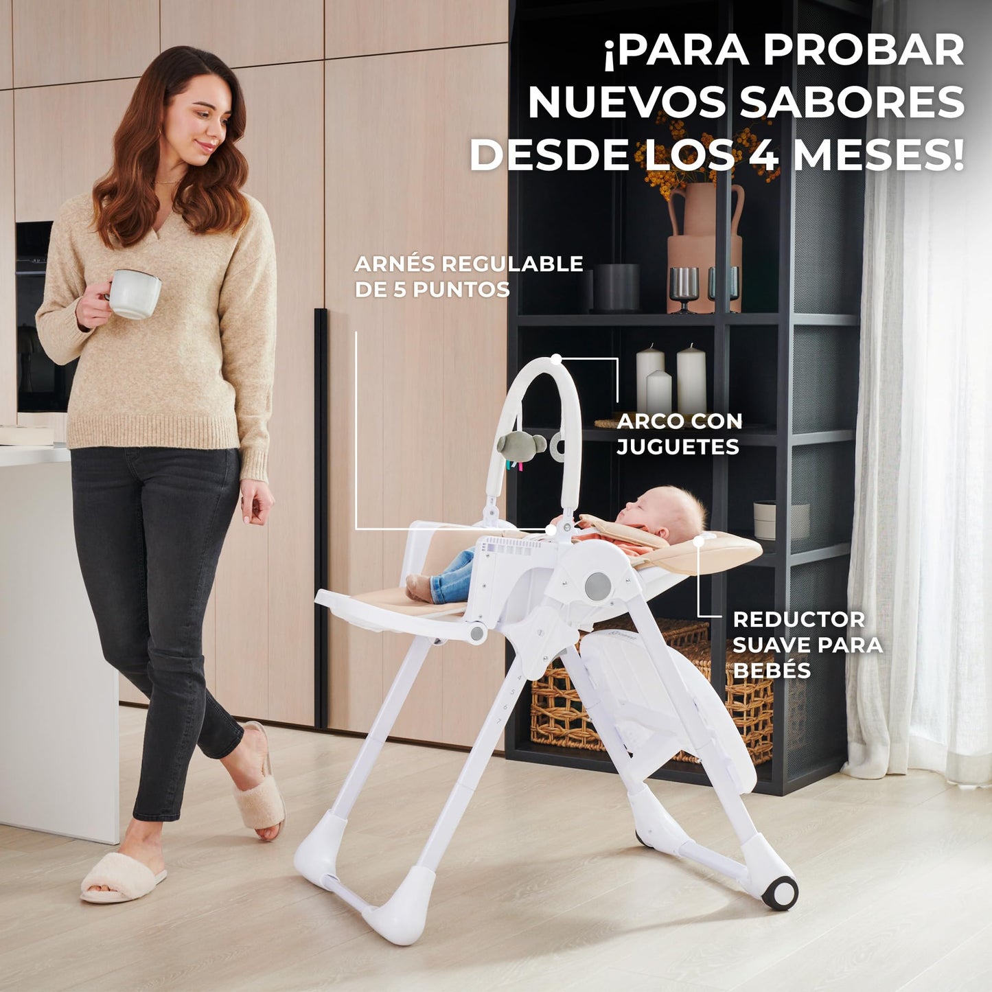 Kinderkraft TUMMIE Trona Bebé 2 en 1, Reclinable, con Juguetes y Reposapiés, Ajustable, Gris