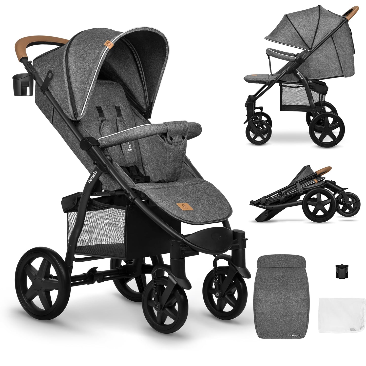 LIONELO Annet Silla de Paseo con Reclinación Total, Capota XXL y Mosquitera, Plegable, de 0-48 Meses (hasta 22 kg), Stone Caramel