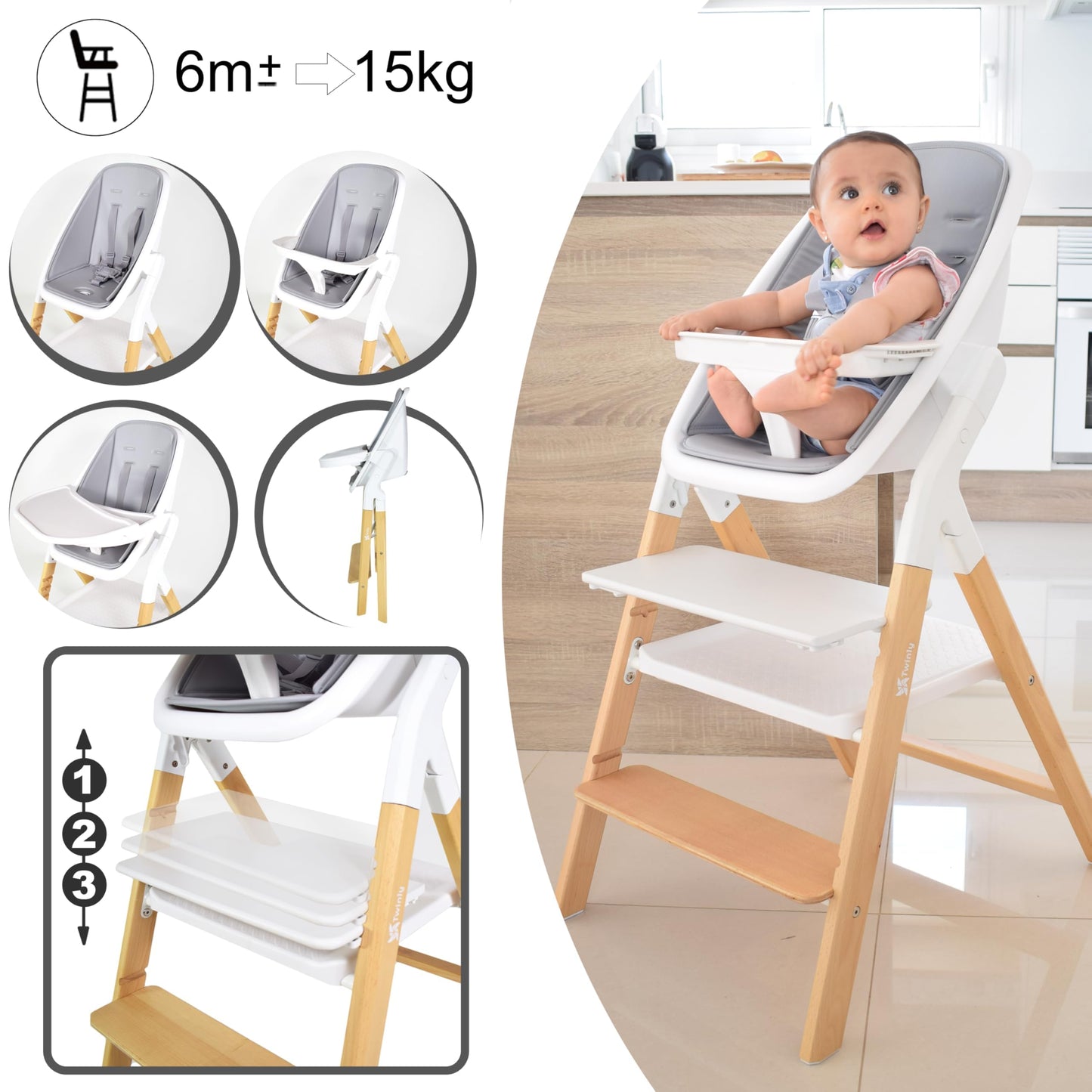 Twinly Alaia Trona Evolutiva 5 en 1, con Hamaca y Torre de Aprendizaje, Plegable, Madera de Haya, desde Nacimiento