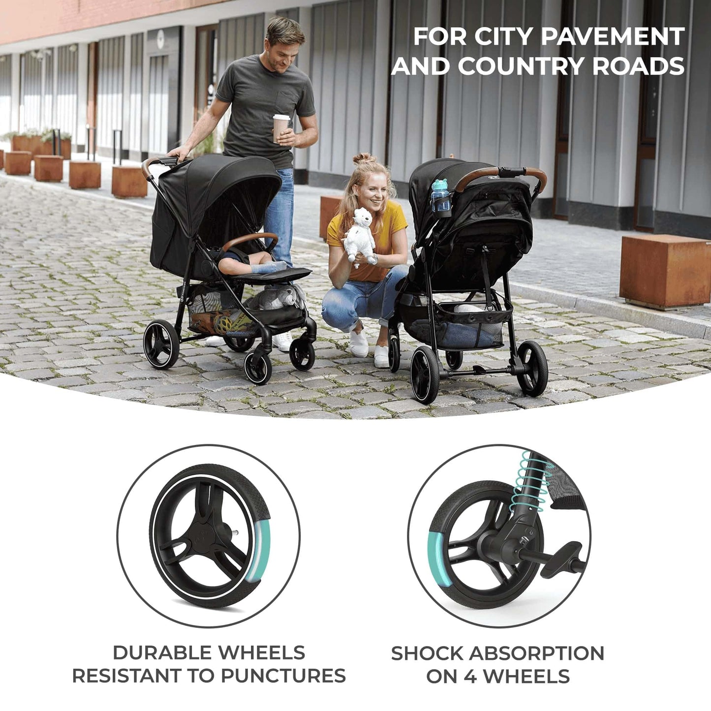 Kinderkraft GRANDE PLUS Silla de Paseo Ligera, Plegado con 1 Mano, Reclinación Total y Suspensión en Ruedas, desde Nacimiento hasta 22 kg, Negro