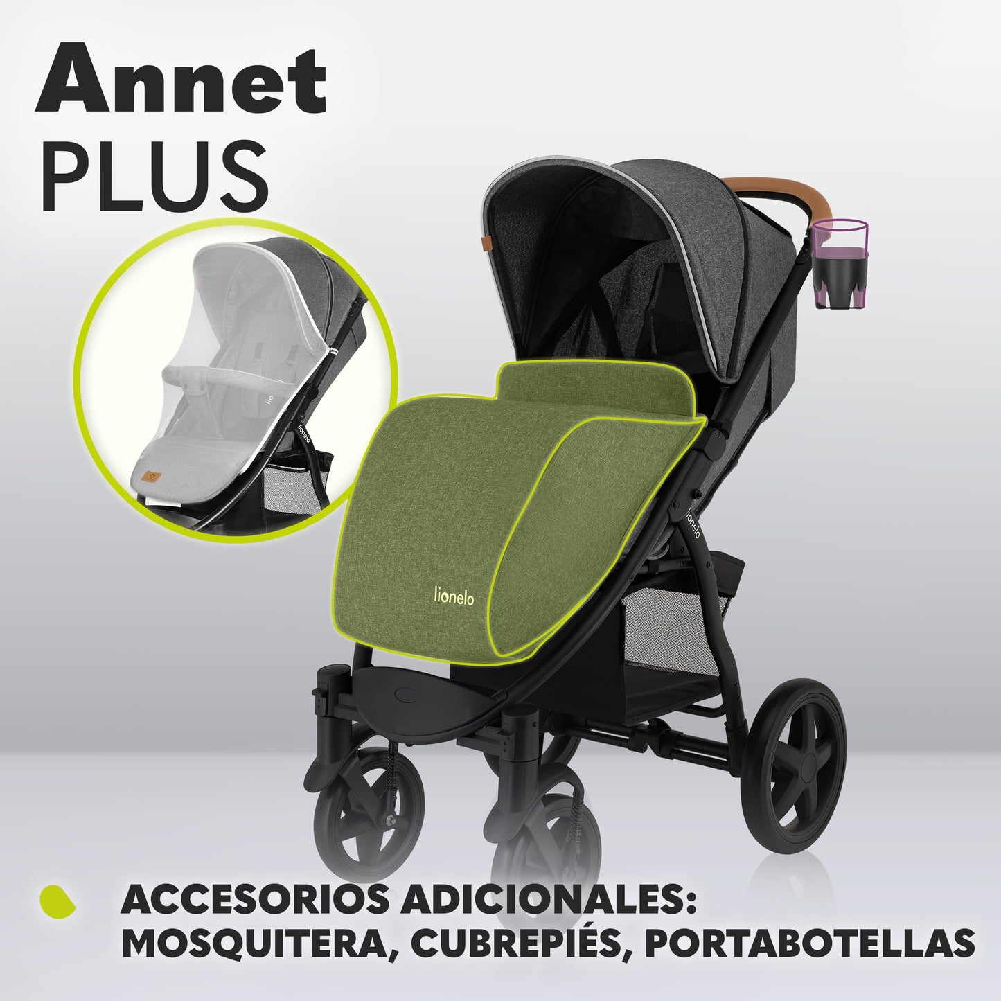 LIONELO Annet Silla de Paseo con Reclinación Total, Capota XXL y Mosquitera, Plegable, de 0-48 Meses (hasta 22 kg), Stone Caramel