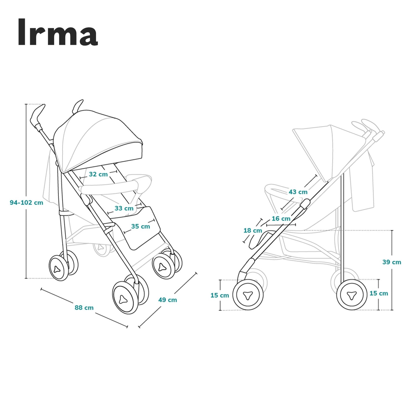LIONELO Cochecito de bebé de Irma de hasta 15 kg, ligero y moderno, con función reclinable, plegable, ruedas grandes de 6 pulgadas, cesta grande, bolsa, mosquitera