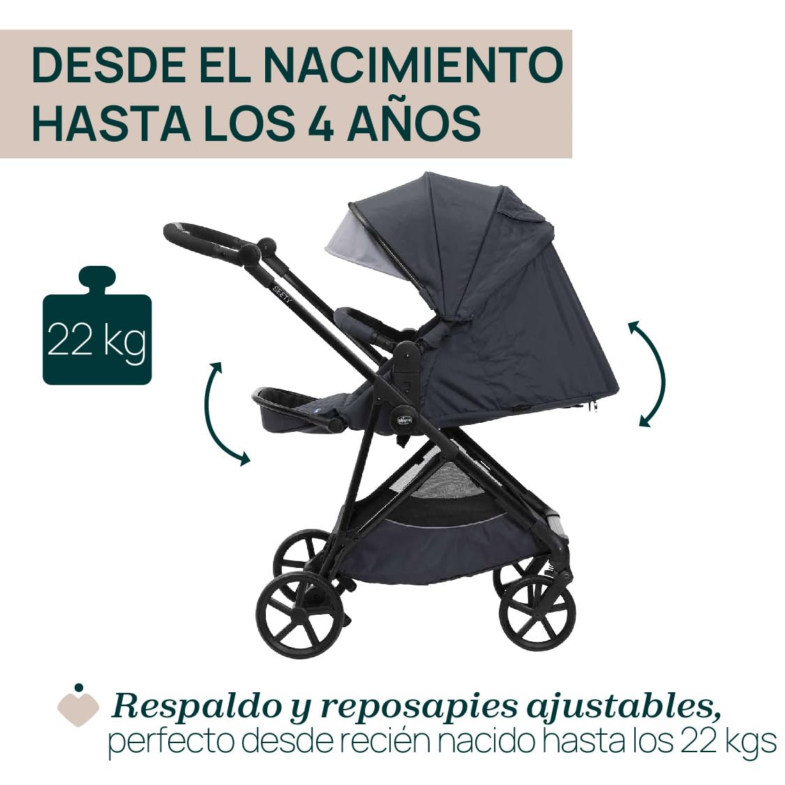 Chicco Trio Seety Sistema Modular 3 Piezas, con Cochecito, Capazo y Silla de Coche Kory i-Size, Ultraligero y Compacto, de 0 a 4 Años