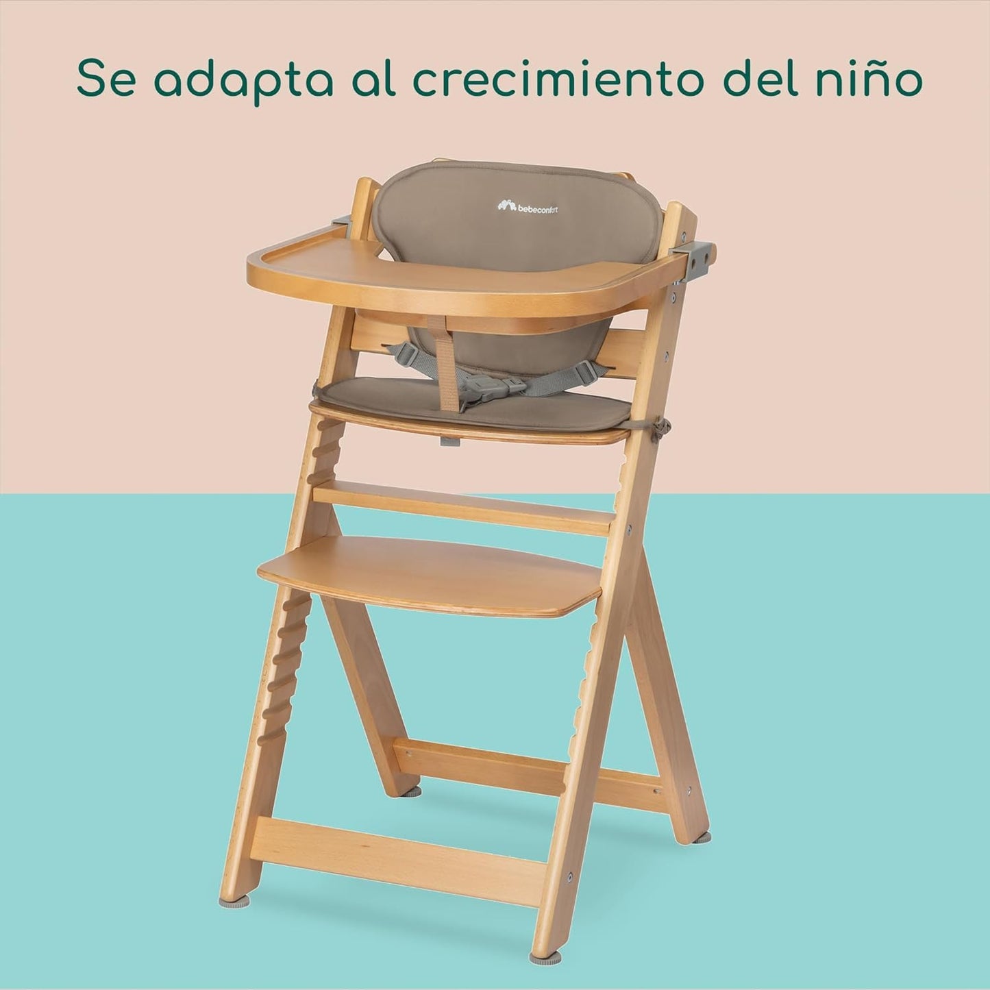 Bebeconfort Timba Trona Evolutiva de Madera, con Cojín y Bandeja Extraíble, con Asiento y Reposapiés Ajustables, Madera Natural y Beige