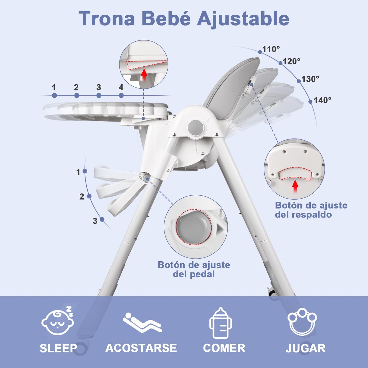 ONNWIN Trona Bebé Evolutiva Reclinable y Plegable, con Bandeja y Ruedas, de 6 Meses a 6 Años