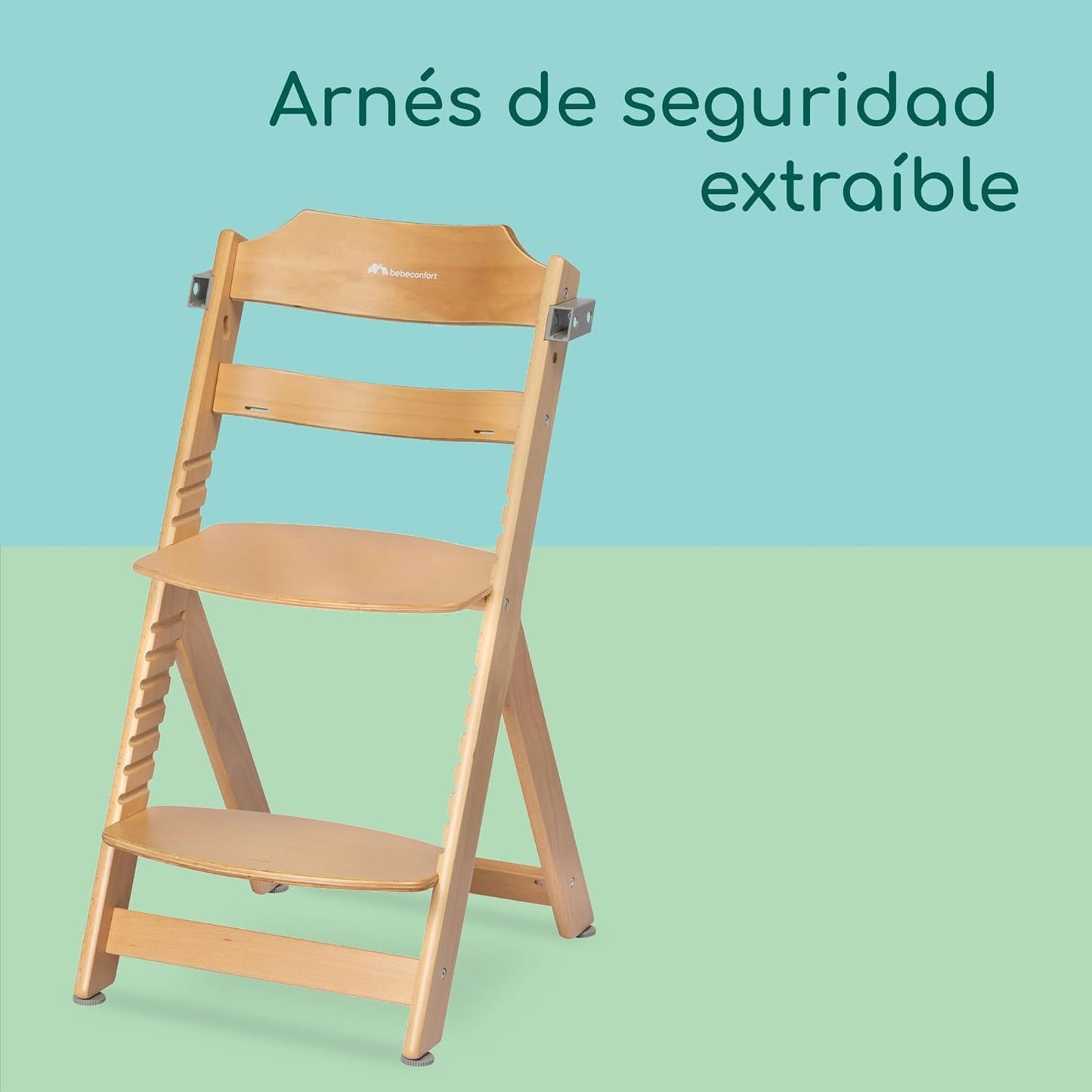 Bebeconfort Timba Trona Evolutiva de Madera, con Cojín y Bandeja Extraíble, con Asiento y Reposapiés Ajustables, Madera Natural y Beige