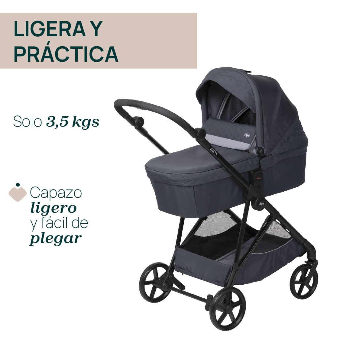 Chicco Trio Seety Sistema Modular 3 Piezas, con Cochecito, Capazo y Silla de Coche Kory i-Size, Ultraligero y Compacto, de 0 a 4 Años