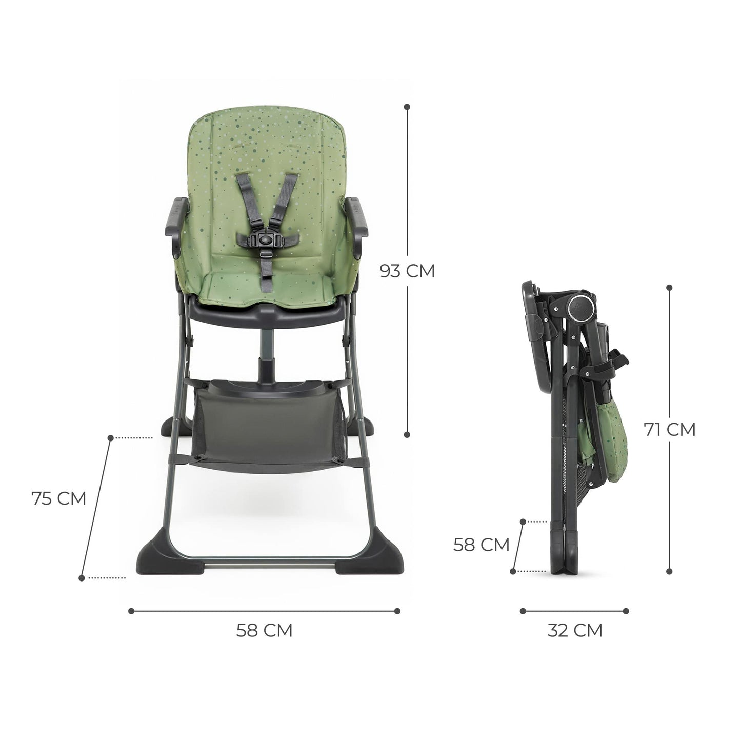 Kinderkraft FOLDEE Trona Bebé Reclinable y Plegable, con Reposapiés y Bandeja Doble Extraíble, de 6 Meses a 3 Años, Verde