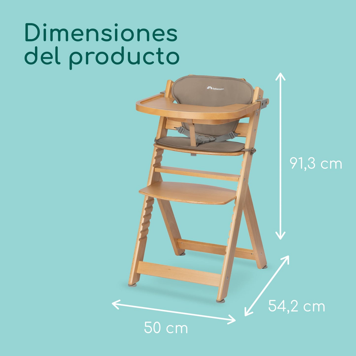 Bebeconfort Timba Trona Evolutiva de Madera, con Cojín y Bandeja Extraíble, con Asiento y Reposapiés Ajustables, Madera Natural y Beige