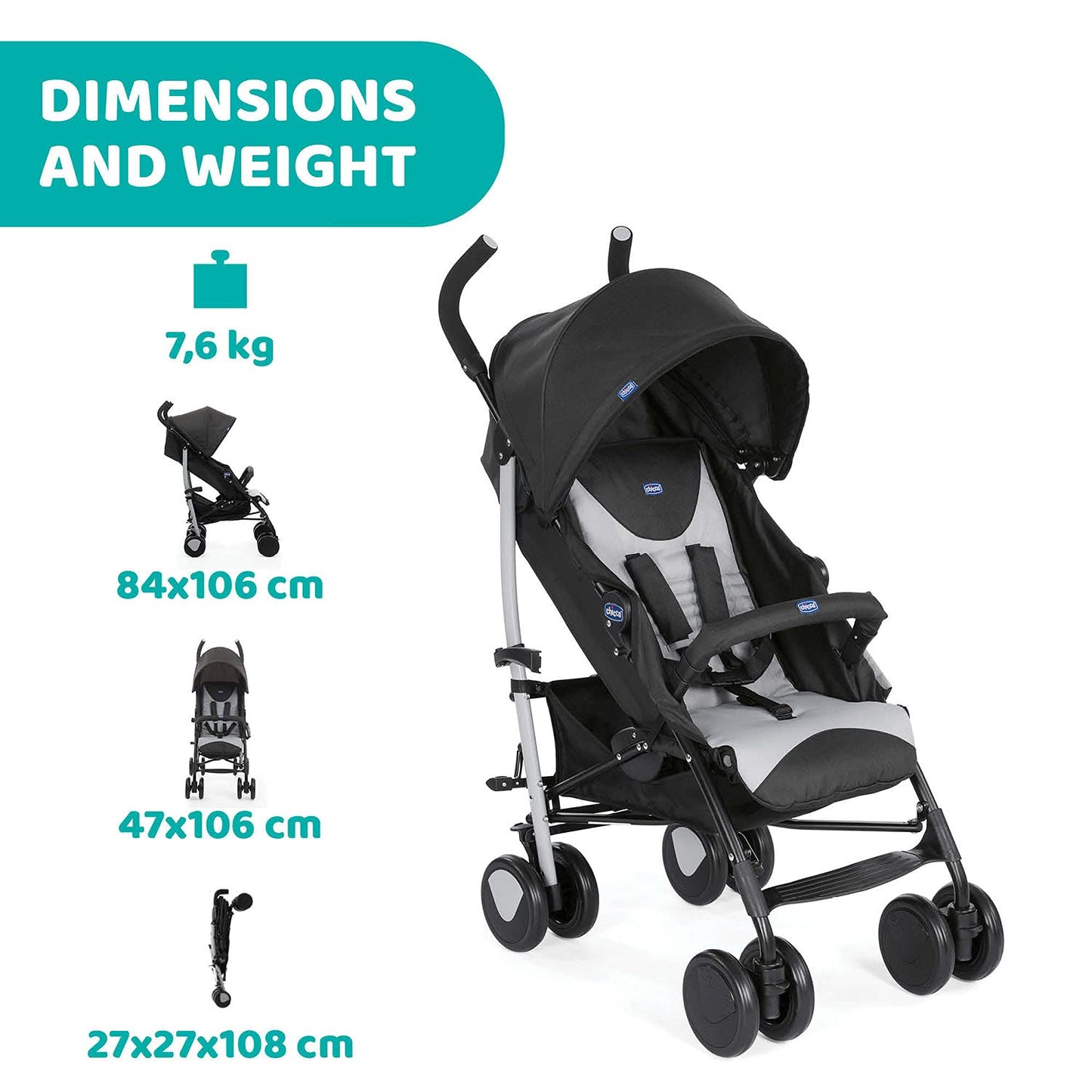Chicco Echo Cochecito Ligero y Plegable, con Reclinación Total desde Nacimiento hasta 22 kg, Piedra
