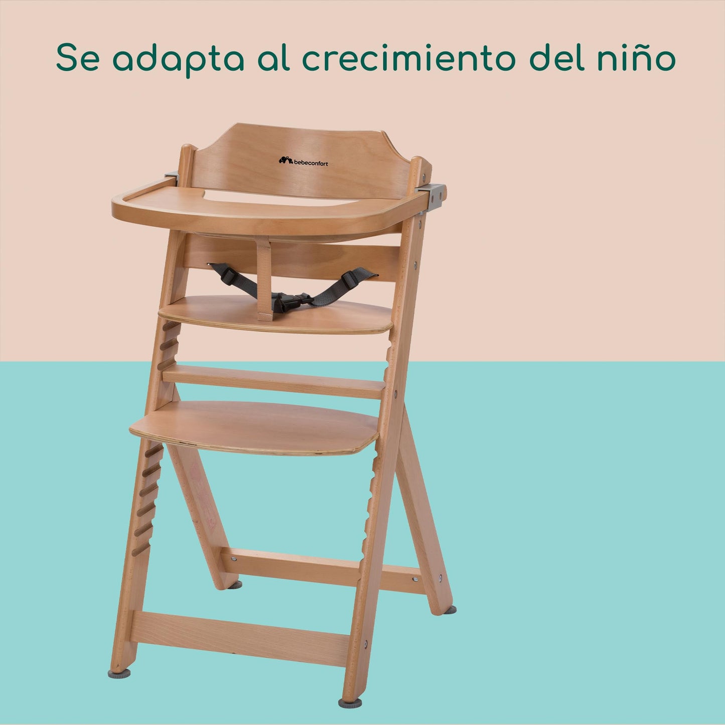 Bebeconfort Timba Trona Evolutiva de Madera, de 6 Meses a 99 Años (hasta 110 kg), con Bandeja Extraíble y Asiento Ajustable, Natural