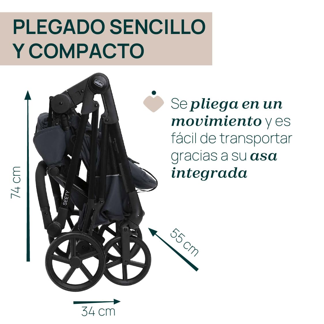 Chicco Trio Seety Sistema Modular 3 Piezas, con Cochecito, Capazo y Silla de Coche Kory i-Size, Ultraligero y Compacto, de 0 a 4 Años