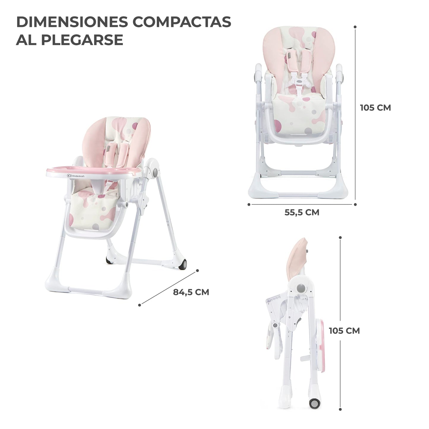 inderkraft YUMMY Trona Bebé Portátil, Plegable y Reclinable (7 Niveles), con Reposapiés y Bandeja Ajustables, hasta 3 Años, Rosa