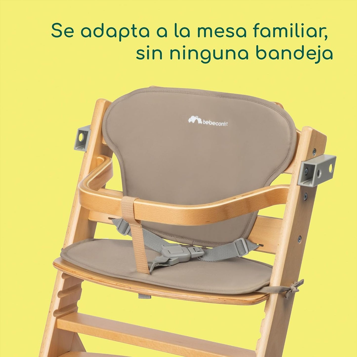 Bebeconfort Timba Trona Evolutiva de Madera, con Cojín y Bandeja Extraíble, con Asiento y Reposapiés Ajustables, Madera Natural y Beige
