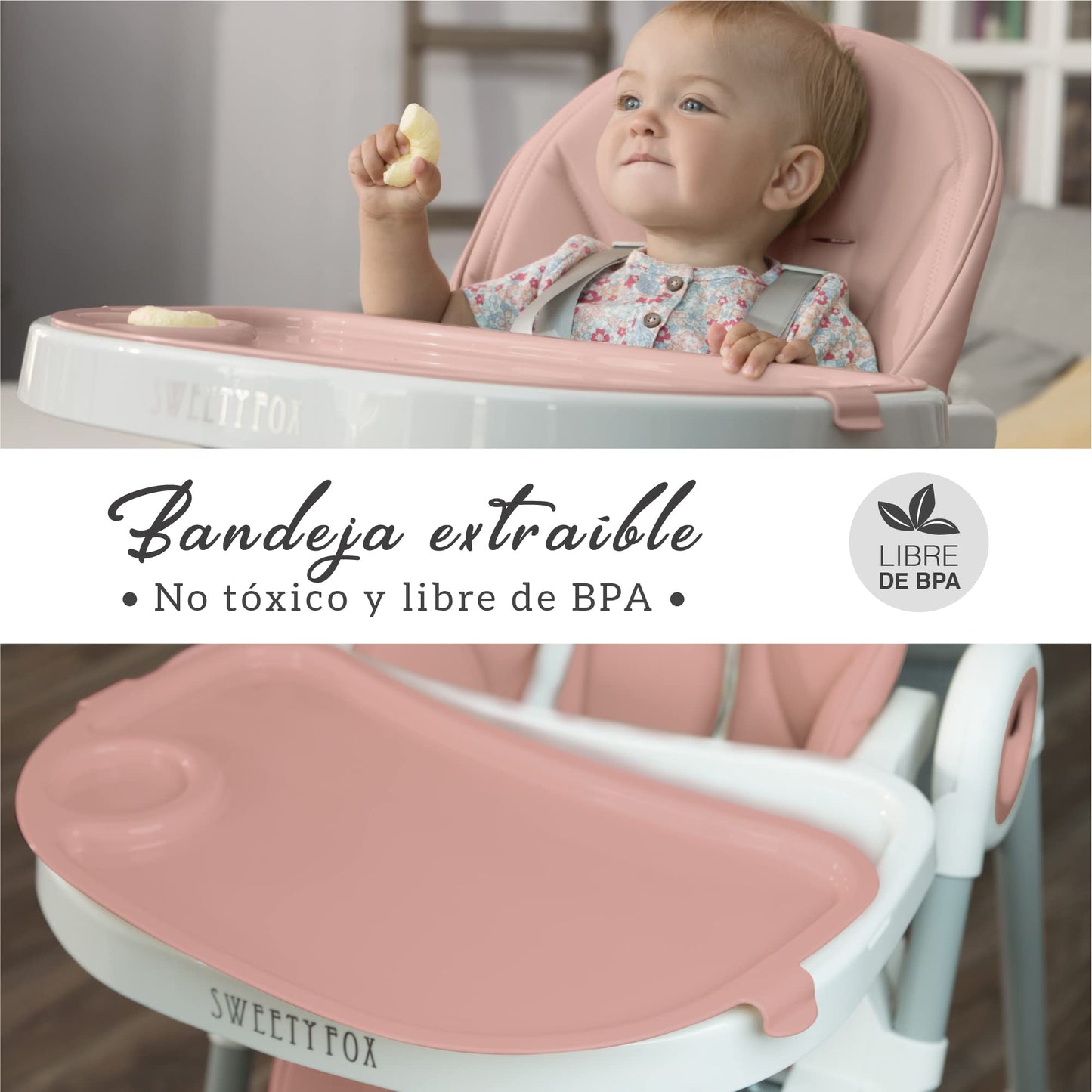 Sweety Fox Trona Bebé Evolutiva, Reclinable 5 Posiciones, 7 Alturas, Portátil, Rosa