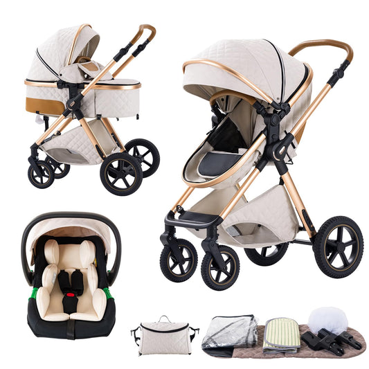 BEBBY Cochecito de bebé 3 en 1,Carrito Bebe 3 en 1 Con Asiento, Cochecitos Portátil Plegable Con Un Clic, Carricoche Combinado Paisaje Alto Marco de Aluminio Para Recién Nacido (Rice white, H2)