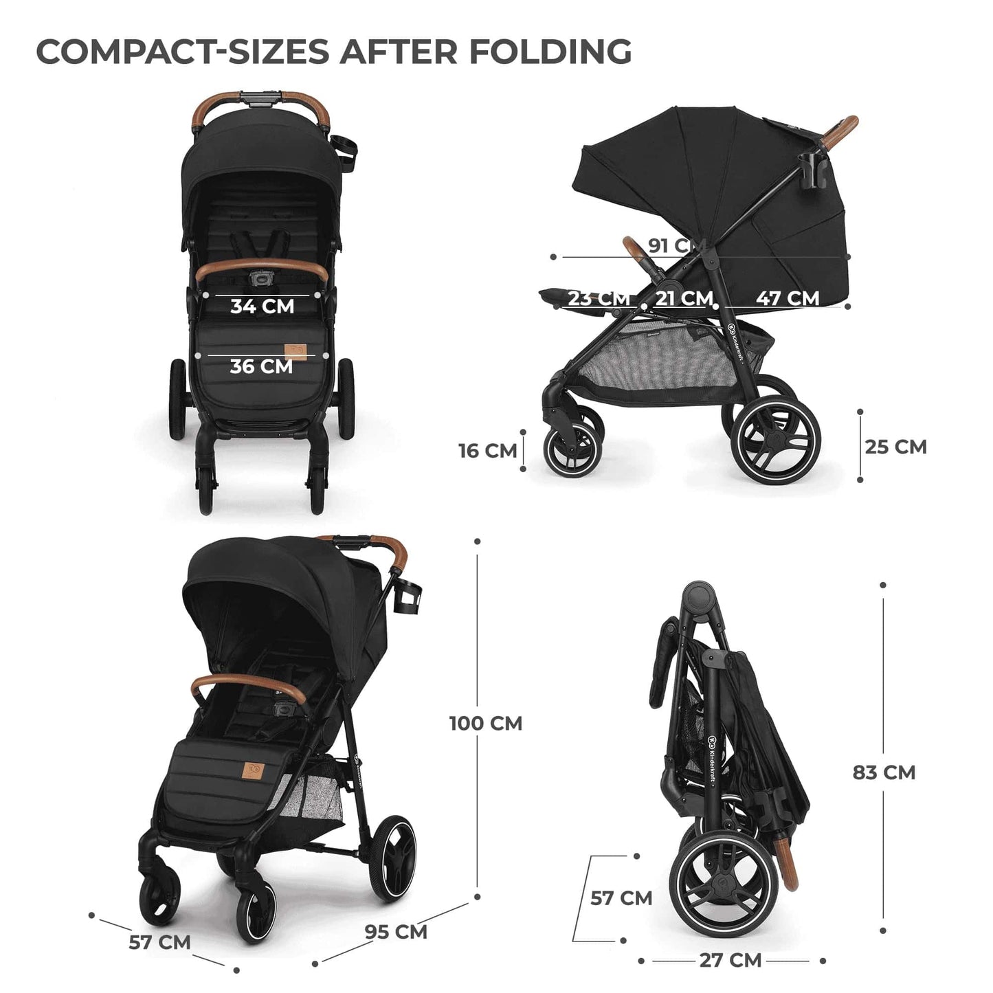 Kinderkraft GRANDE PLUS Silla de Paseo Ligera, Plegado con 1 Mano, Reclinación Total y Suspensión en Ruedas, desde Nacimiento hasta 22 kg, Negro