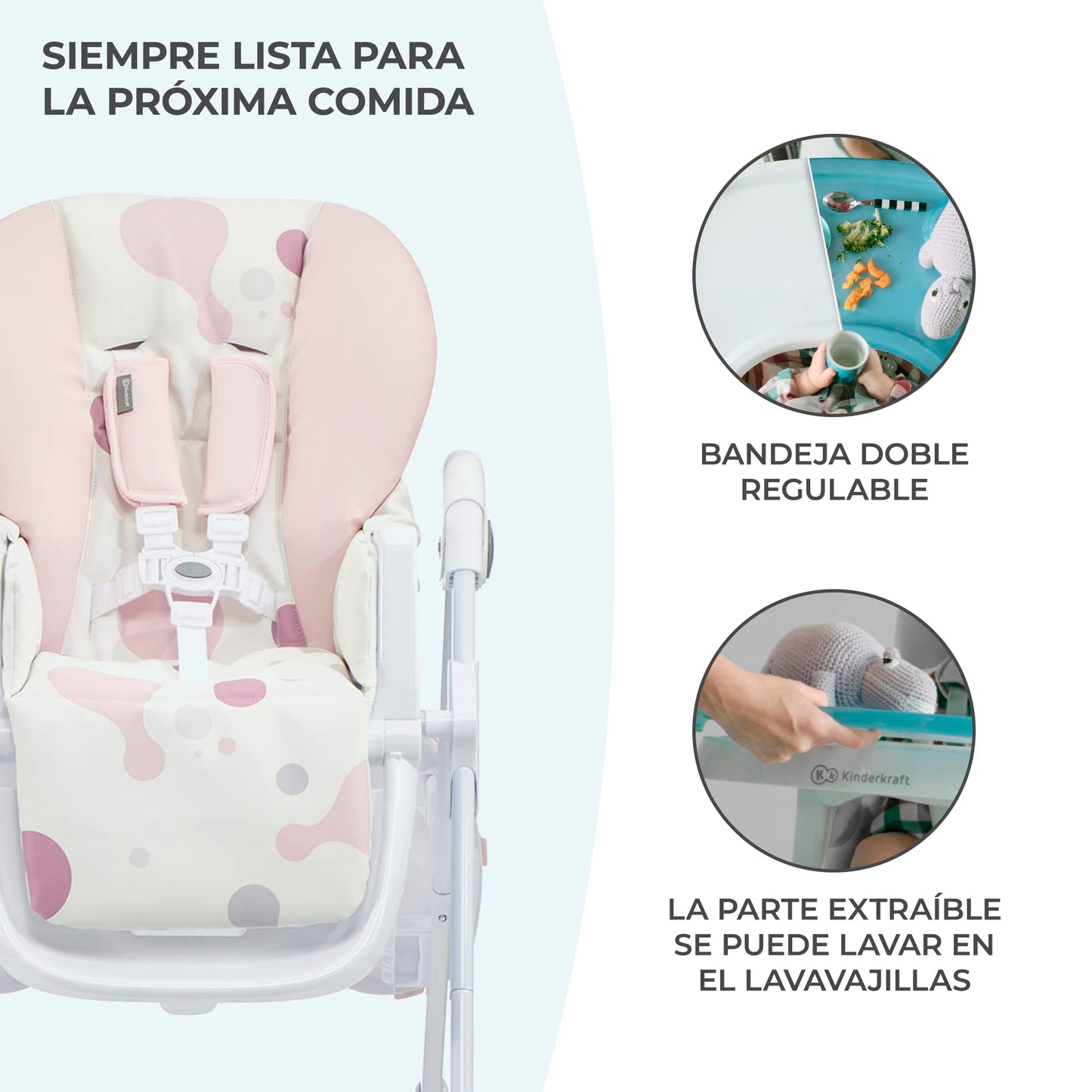 inderkraft YUMMY Trona Bebé Portátil, Plegable y Reclinable (7 Niveles), con Reposapiés y Bandeja Ajustables, hasta 3 Años, Rosa
