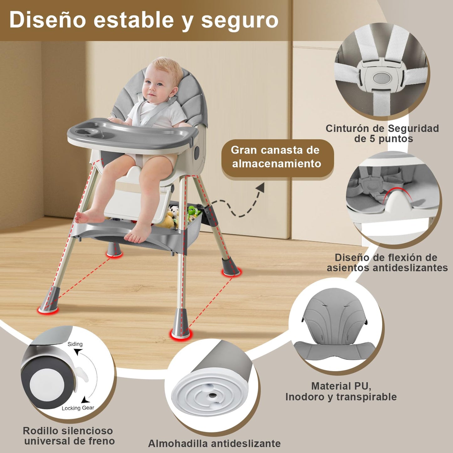 LINELUCK Trona Bebé Evolutiva Reclinable y Plegable, con Bandeja y Ruedas, de 6 Meses a 6 Años