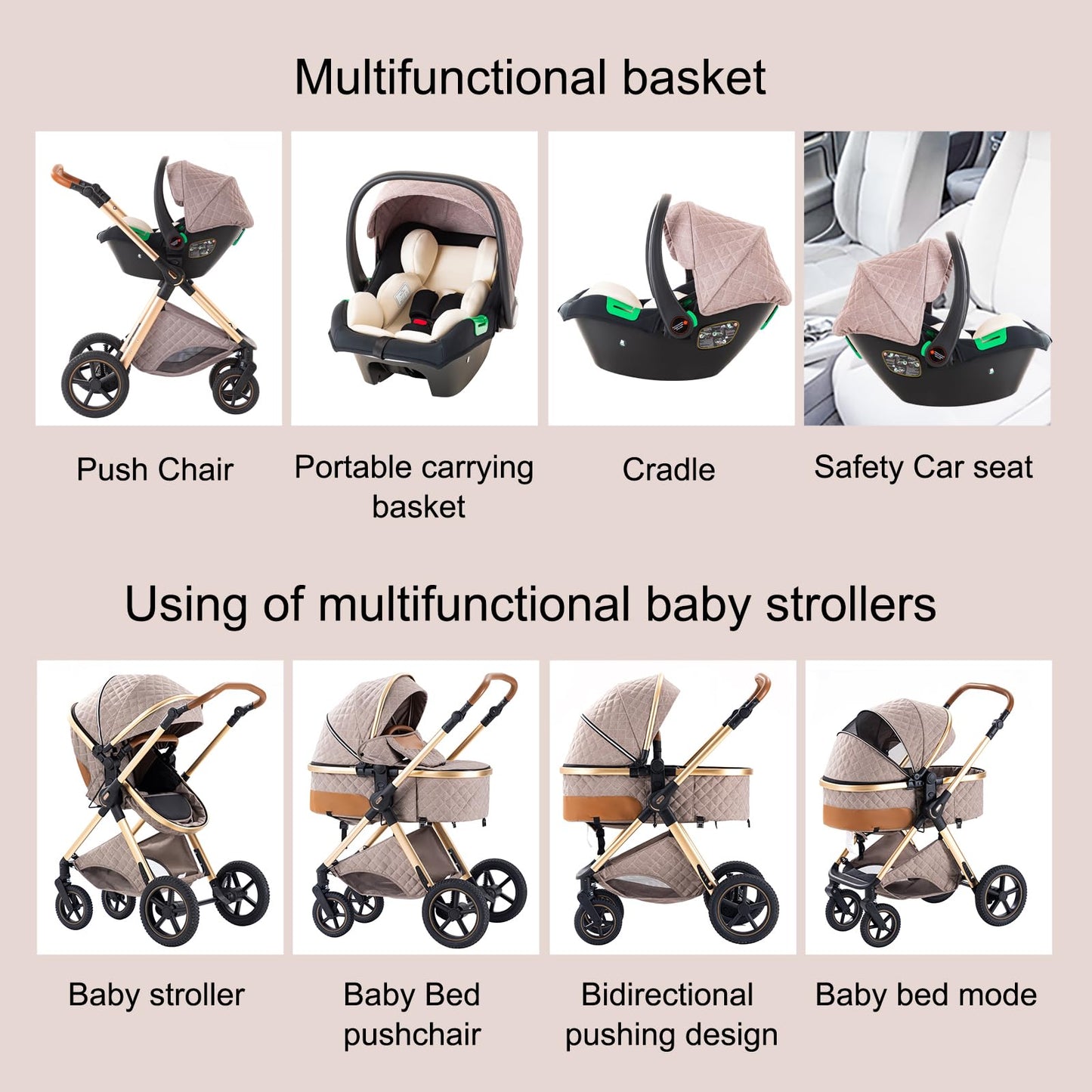 BEBBY Cochecito de bebé 3 en 1,Carrito Bebe 3 en 1 Con Asiento, Cochecitos Portátil Plegable Con Un Clic, Carricoche Combinado Paisaje Alto Marco de Aluminio Para Recién Nacido (Rice white, H2)