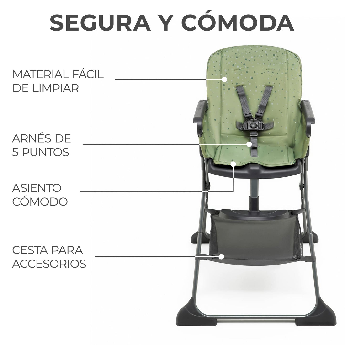 Kinderkraft FOLDEE Trona Bebé Reclinable y Plegable, con Reposapiés y Bandeja Doble Extraíble, de 6 Meses a 3 Años, Verde
