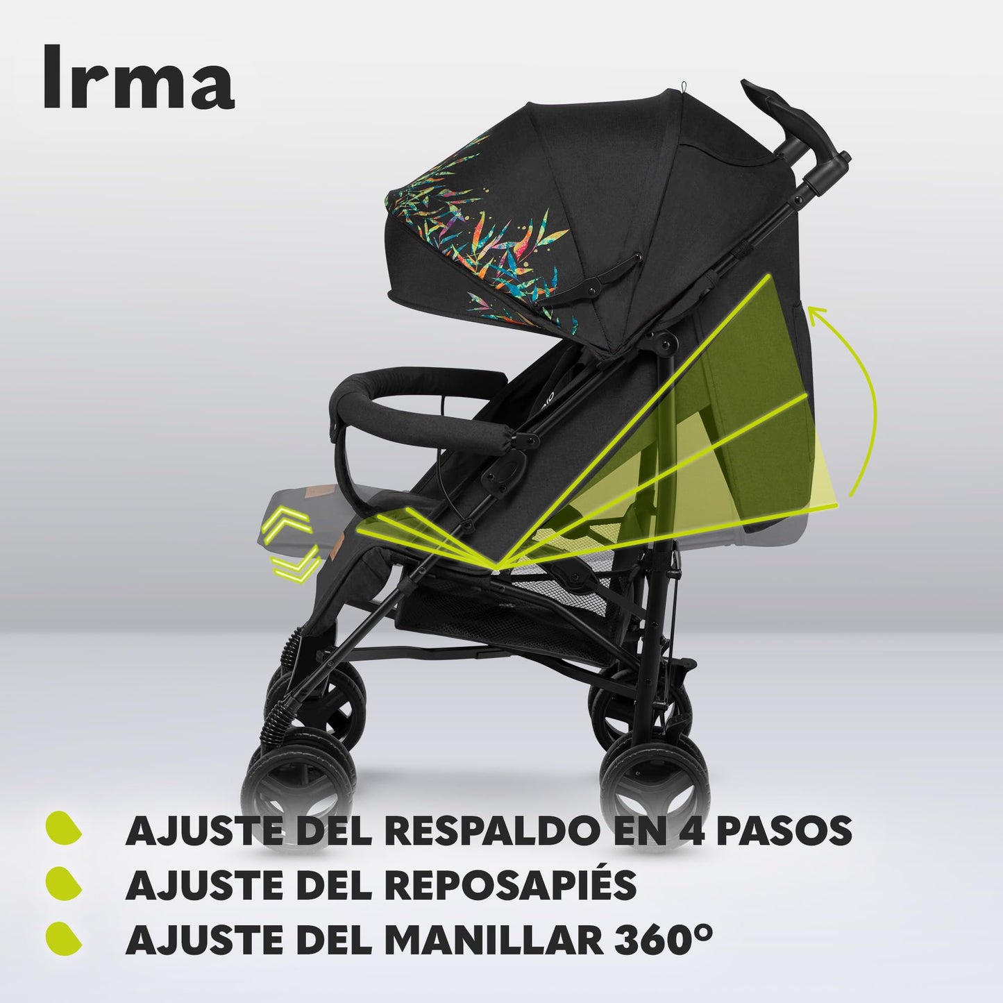 LIONELO Cochecito de bebé de Irma de hasta 15 kg, ligero y moderno, con función reclinable, plegable, ruedas grandes de 6 pulgadas, cesta grande, bolsa, mosquitera