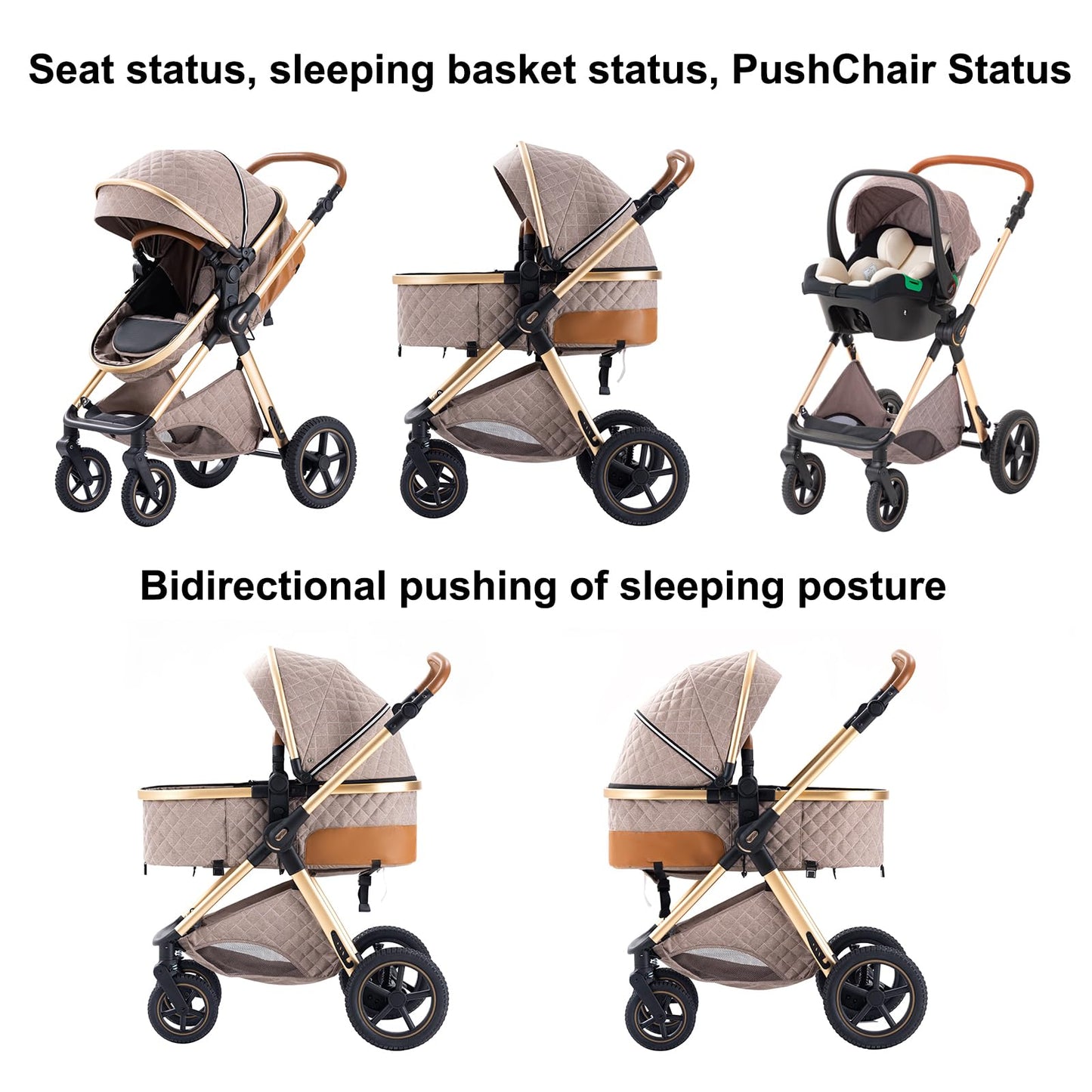 BEBBY Cochecito de bebé 3 en 1,Carrito Bebe 3 en 1 Con Asiento, Cochecitos Portátil Plegable Con Un Clic, Carricoche Combinado Paisaje Alto Marco de Aluminio Para Recién Nacido (Rice white, H2)