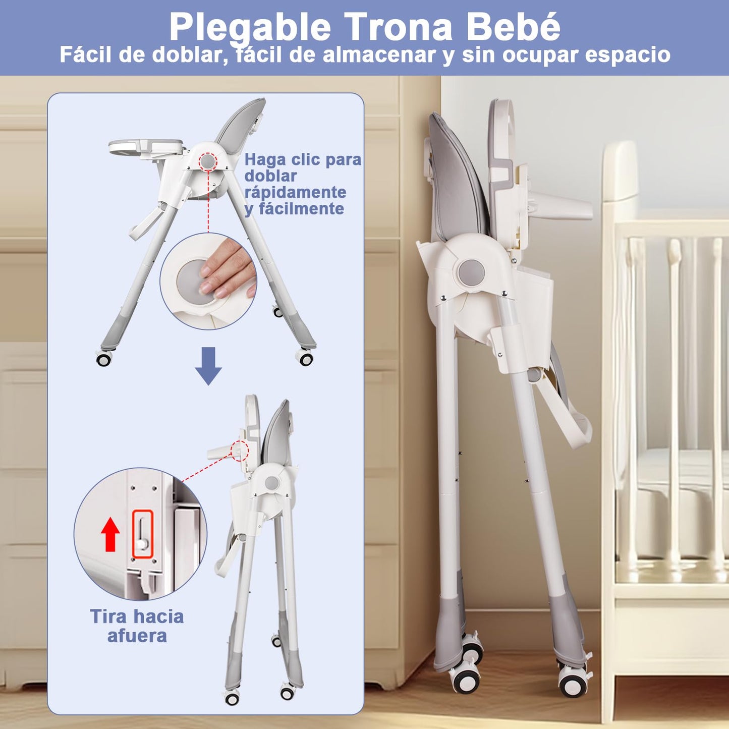 ONNWIN Trona Bebé Evolutiva Reclinable y Plegable, con Bandeja y Ruedas, de 6 Meses a 6 Años