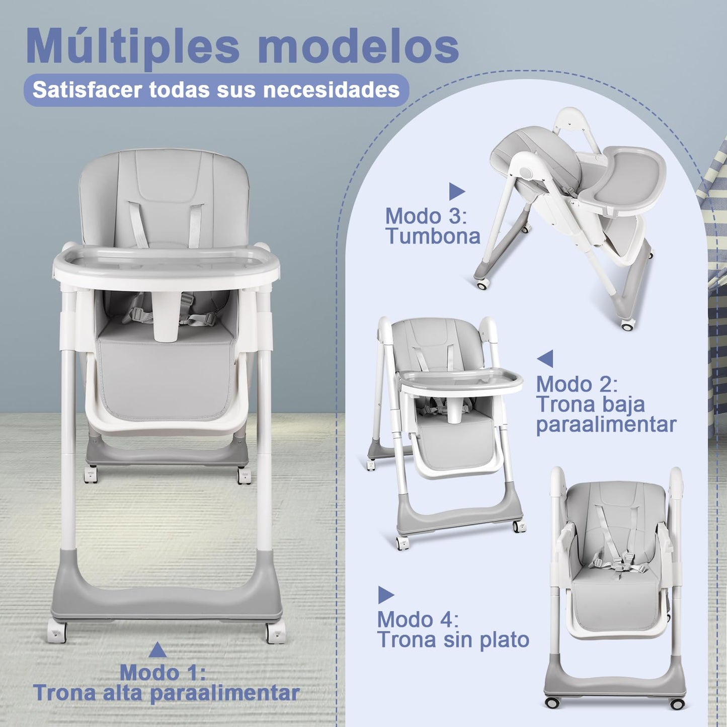 ONNWIN Trona Bebé Evolutiva Reclinable y Plegable, con Bandeja y Ruedas, de 6 Meses a 6 Años