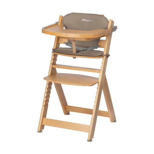 Bebeconfort Timba Trona Evolutiva de Madera, con Cojín y Bandeja Extraíble, con Asiento y Reposapiés Ajustables, Madera Natural y Beige