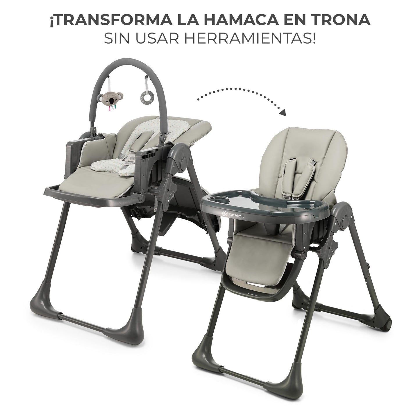 Kinderkraft TUMMIE Trona Bebé 2 en 1, Reclinable, con Juguetes y Reposapiés, Ajustable, Gris