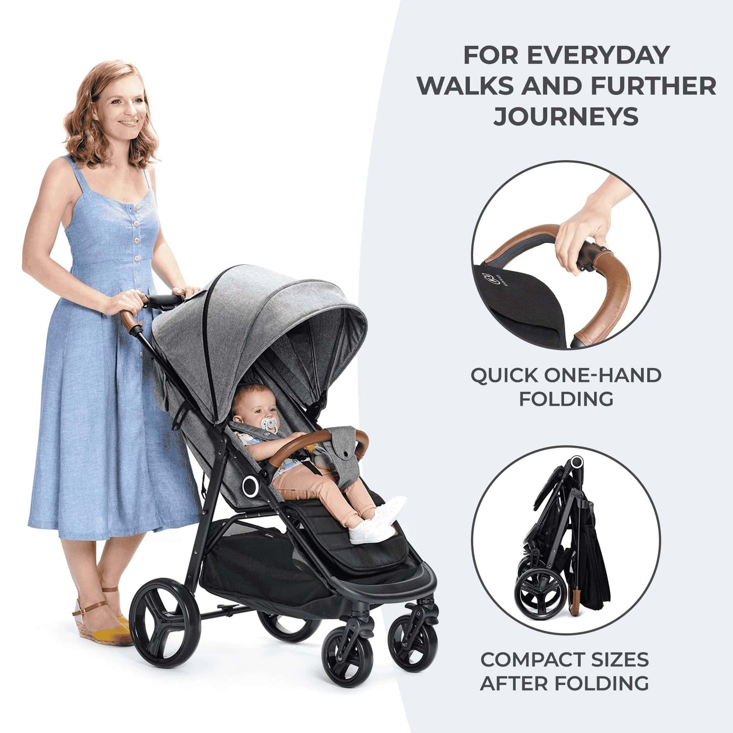 Kinderkraft GRANDE PLUS Silla de Paseo Ligera, Plegado con 1 Mano, Reclinación Total y Suspensión en Ruedas, desde Nacimiento hasta 22 kg, Negro